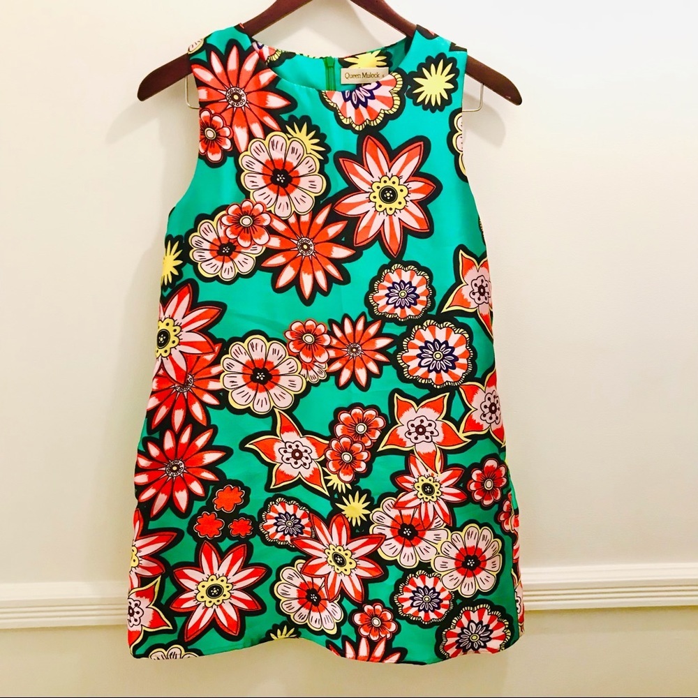 Queen Mulock Floral Shift Dress Small green red yellow pink black ModCloth retro